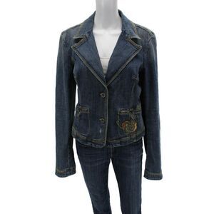 DKNY Jeans Womens Dark Blue Cotton Spandex Collared Button Blazer 90s Size L